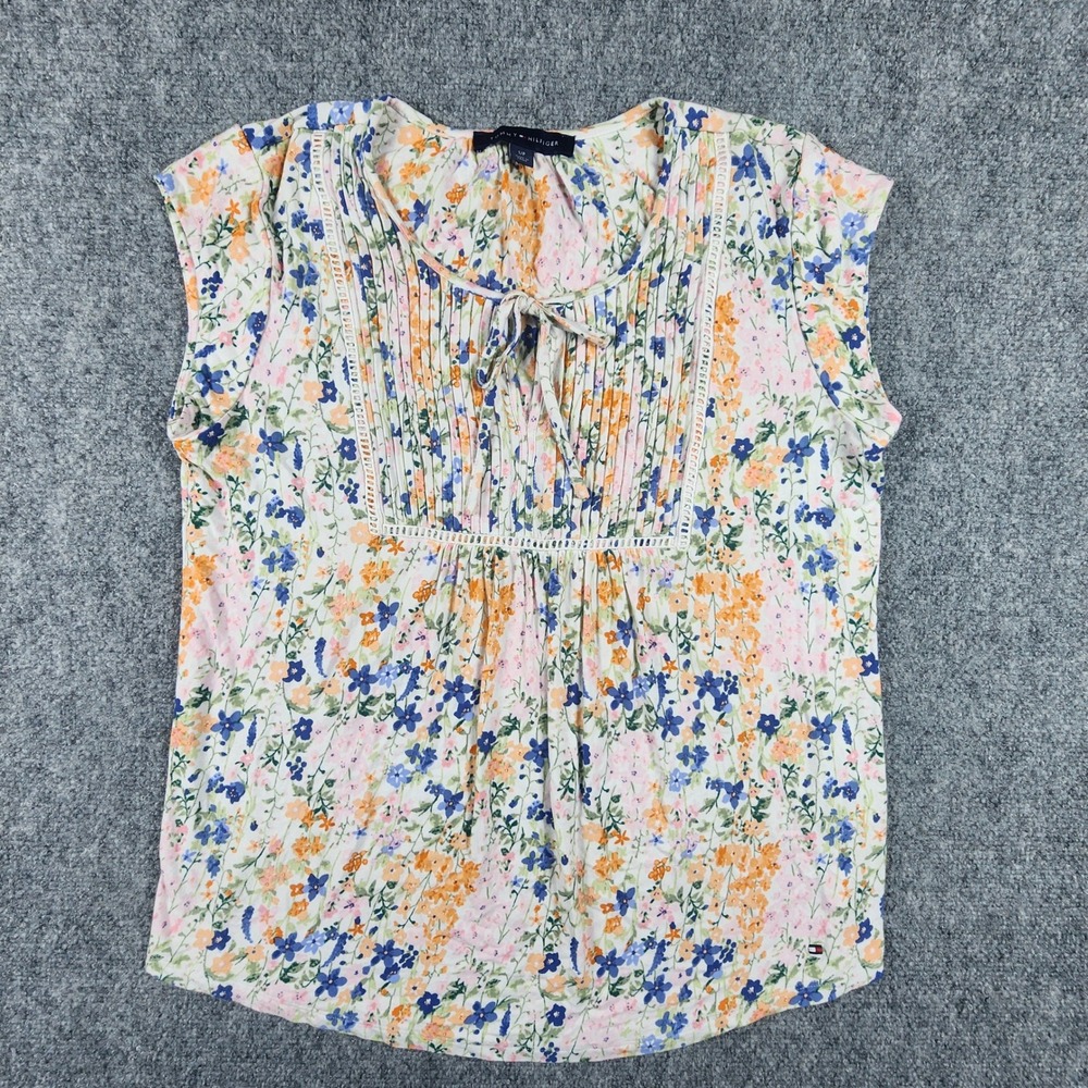 Tommy Hilfiger Floral Pintuck Tie Neck Sleeveless Blouse White Multi Small
